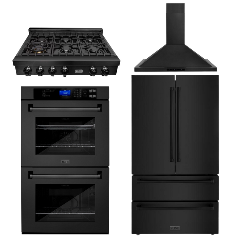 ZLINE 4-Piece Appliance Package - 36 In. Rangetop, Range Hood, Refrigerator, and Double Wall Oven in Black Stainless Steel, 4KPR-RTBRH36-AWD