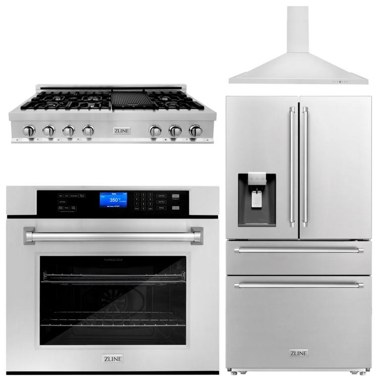 ZLINE Appliance Package - 48 In. Rangetop, Range Hood, Refrigerator with Water and Ice Dispenser and Wall Oven in Stainless Steel, 4KPRW-RTRH48-AWS