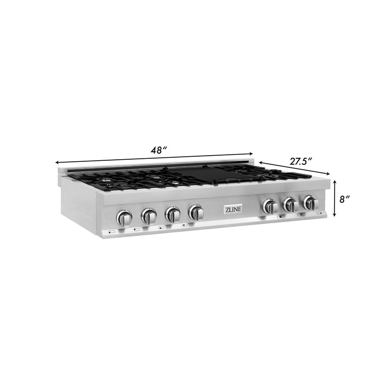ZLINE 4-Piece Appliance Package - 48 In. Rangetop, Range Hood, Refrigerator, and Wall Oven in Stainless Steel, 4KPR-RTRH48-AWS