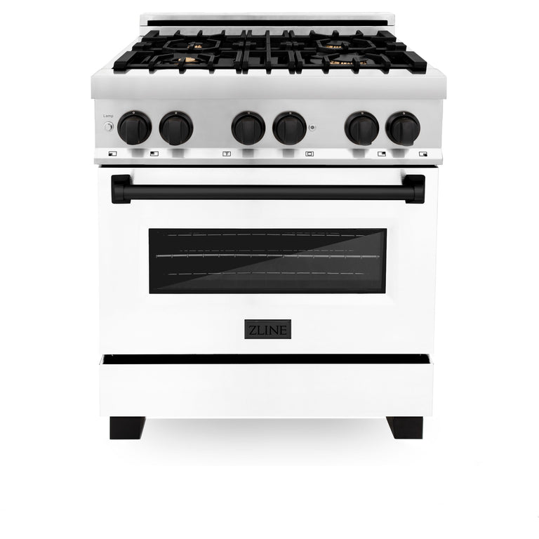 ZLINE Autograph Package - 30 In. Dual Fuel Range and Range Hood in Stainless Steel with White Matte Door and Matte Black Accents, 2AKP-RAWMRH30-MB