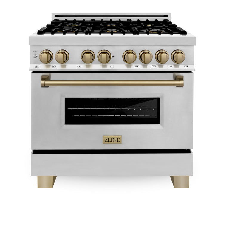 ZLINE Autograph Package - 36 In. Dual Fuel Range, Range Hood, Dishwasher in Stainless Steel with Champagne Bronze Accents, 3AKP-RARHDWM36-CB