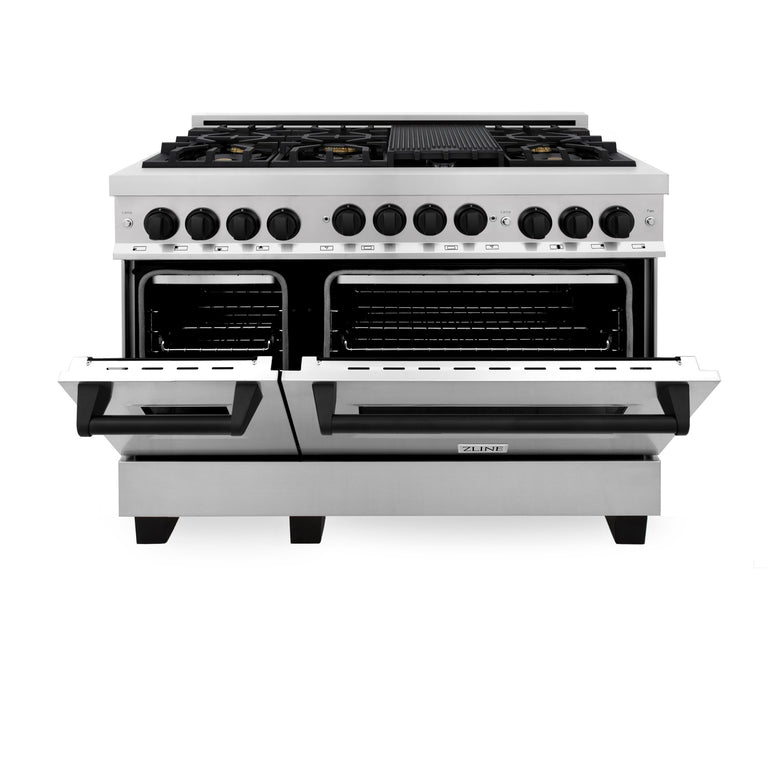 ZLINE Autograph Package - 48 In. Gas Range, Range Hood in Stainless Steel with Matte Black Accents, 2AKP-RGRH48-MB