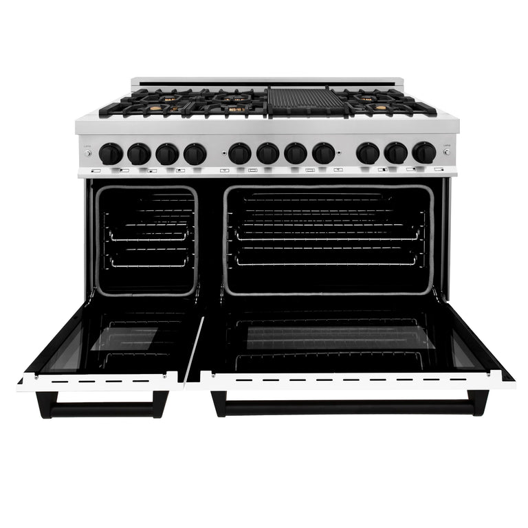 ZLINE Autograph Package - 48 In. Gas Range and Range Hood with White Matte Finish and Matte Black Accents, 2AKP-RGWMRH48-MB
