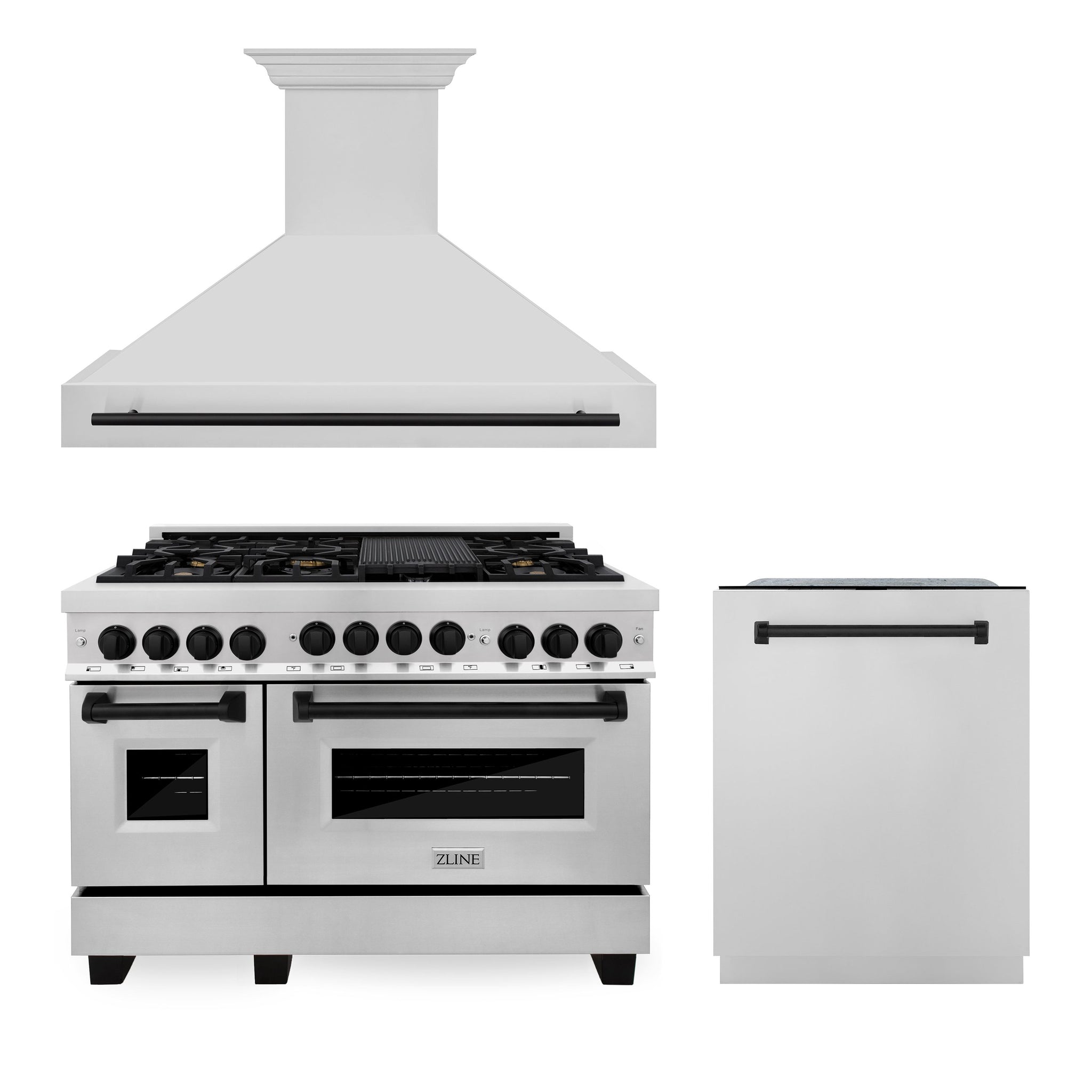 ZLINE Autograph Package - 48 In. Gas Range, Range Hood and Dishwasher in Stainless Steel with Matte Black Accents, 3AKPR-RGRH48-MB