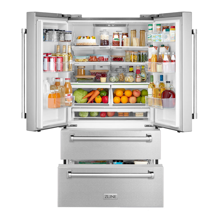 ZLINE 4-Piece Appliance Package - 36 In. Rangetop, Range Hood, Refrigerator, and Wall Oven in Stainless Steel, 4KPR-RTRH36-AWS