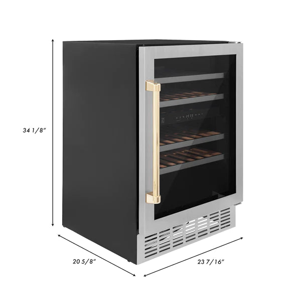 ZLINE 24" Autograph Dual Zone 44-Bottle Wine Cooler in Stainless Steel with Gold Accents, RWVZ-UD-24-G
