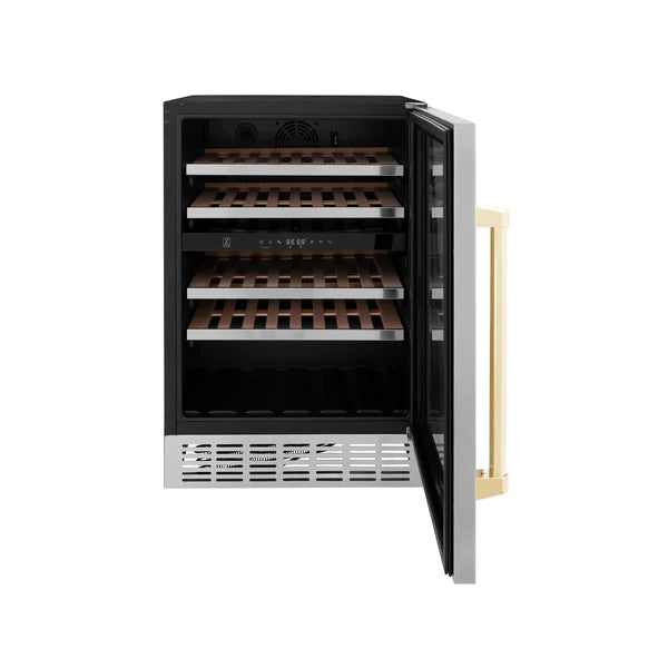 ZLINE 24" Autograph Dual Zone 44-Bottle Wine Cooler in Stainless Steel with Gold Accents, RWVZ-UD-24-G