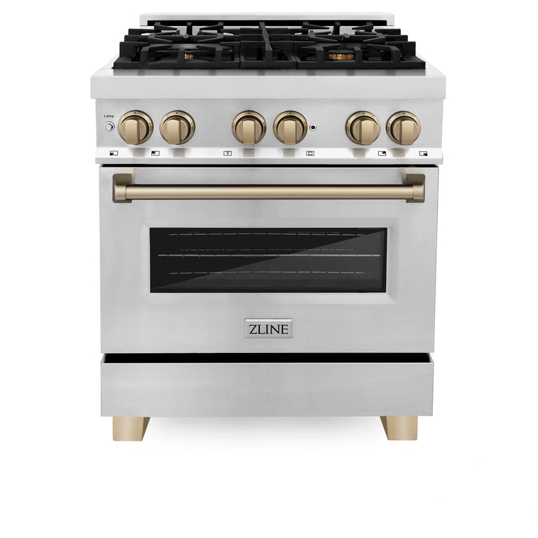 ZLINE Autograph Package - 30 In. Dual Fuel Range, Range Hood, Dishwasher in Stainless Steel with Champagne Bronze Accent, 3AKP-RARHDWM30-CB