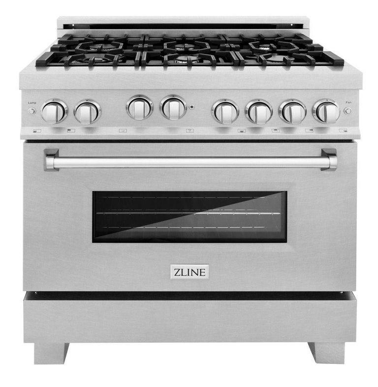 ZLINE 36 in. Kitchen Appliance Package with DuraSnow® Stainless Steel Gas Range, Ducted Range Hood and Dishwasher, 3KP-RGSRH36-DWV
